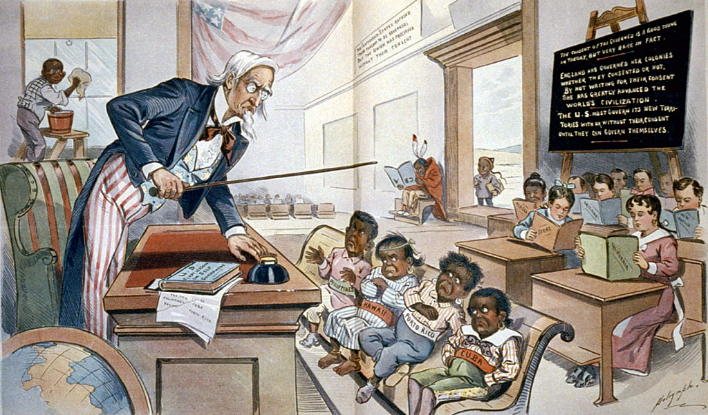 Caricatura de 1899 sobre la política estadounidense de enseñar inglés a sus nuevas colonias con niños de Filipinas, Hawái, Puerto Rico y Cuba en la primera fila.