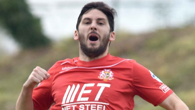 Portadown's Sean Mackle celebrates his goal against Ballymena United at Shamrock Park