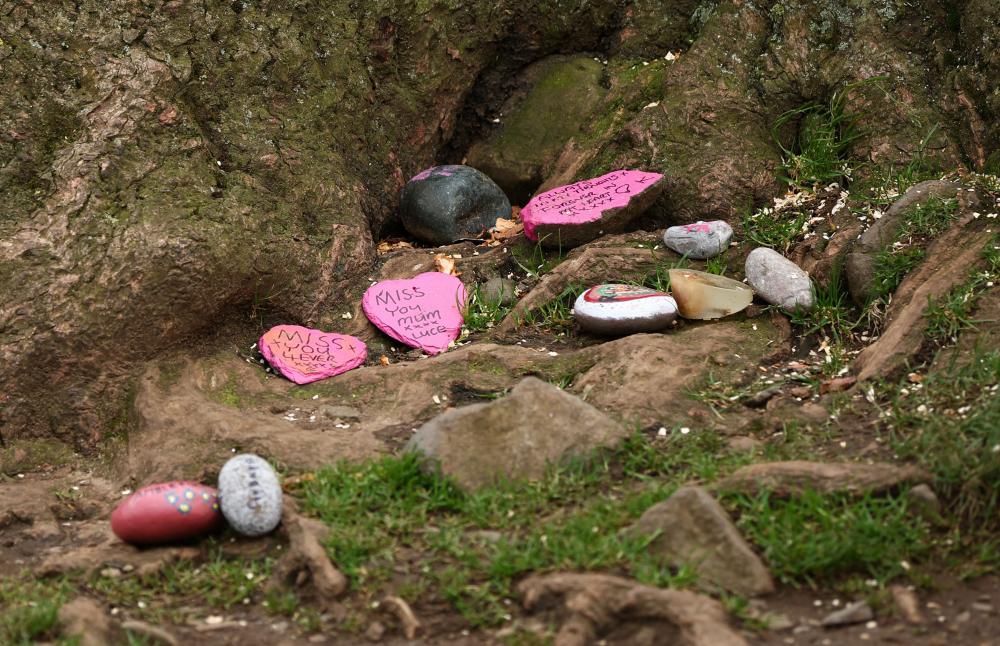 Messages to loved ones written on stones that were left next to the tree at Sycamore Gap
