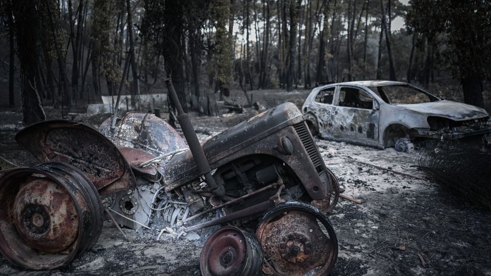 A burnt-out tractor and car.
