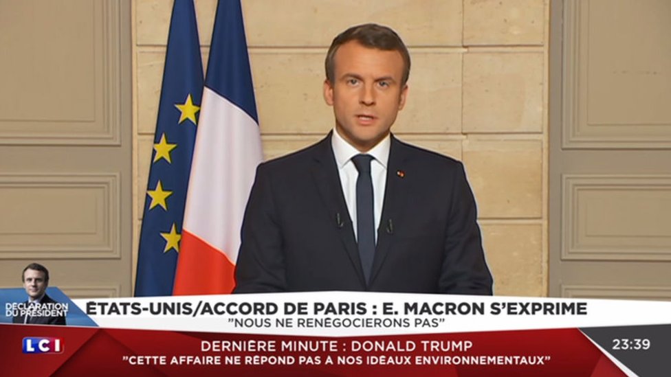 Primero Macron le respondió a Trump por la televisión Emmanuel Macron hablando por TV