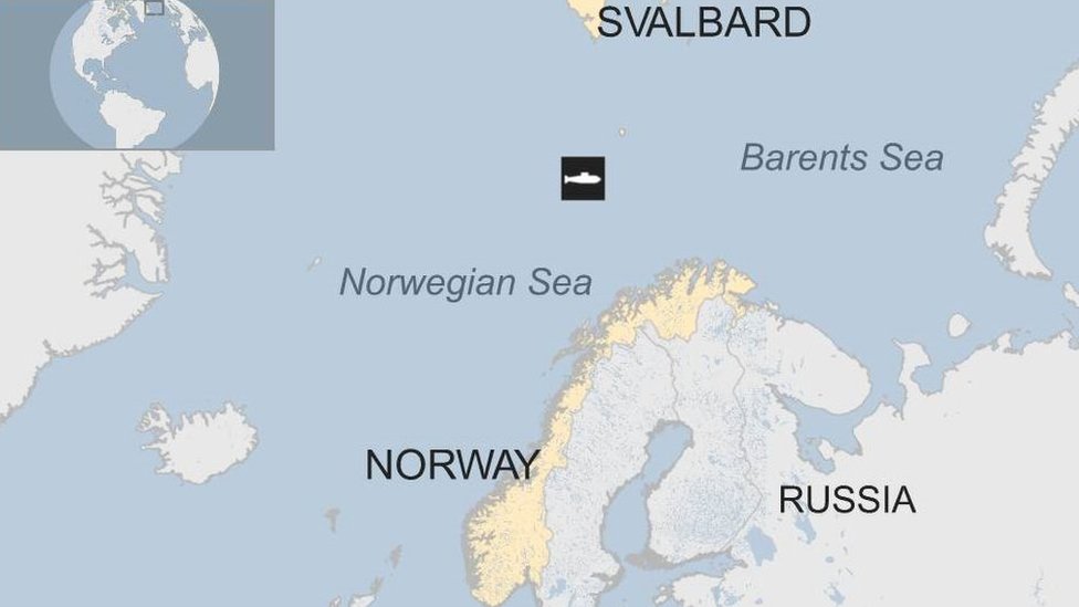 Карта Арктики с указанием местоположения подводной лодки