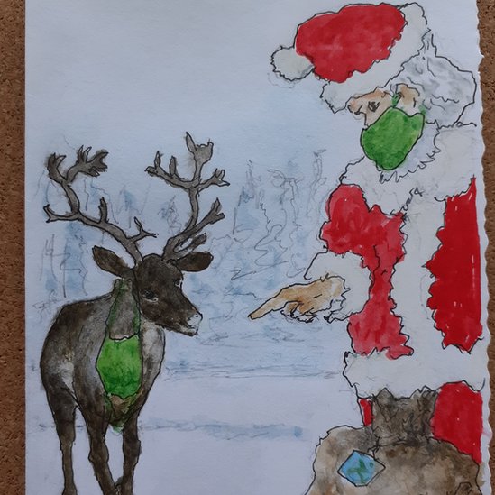 Рождественская открытка Дэвида Хэндфорда с изображением Санта-Клауса и северного оленя