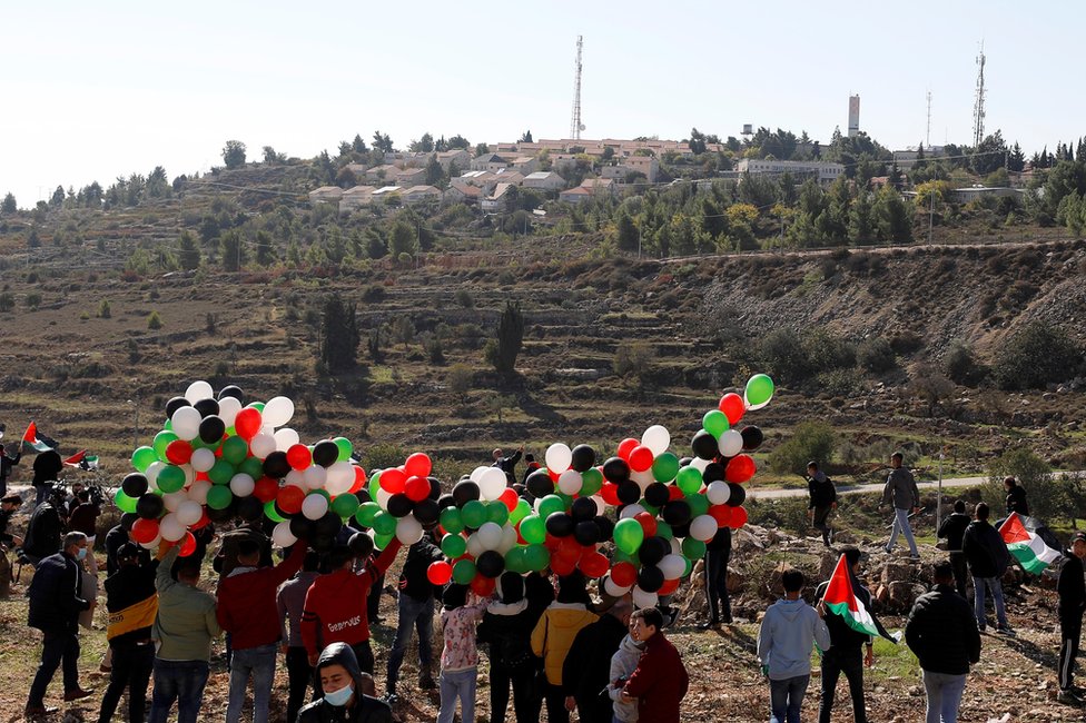 Палестинцы протестуют возле поселения Псагот на оккупированном Западном берегу 18 ноября 2020 г.