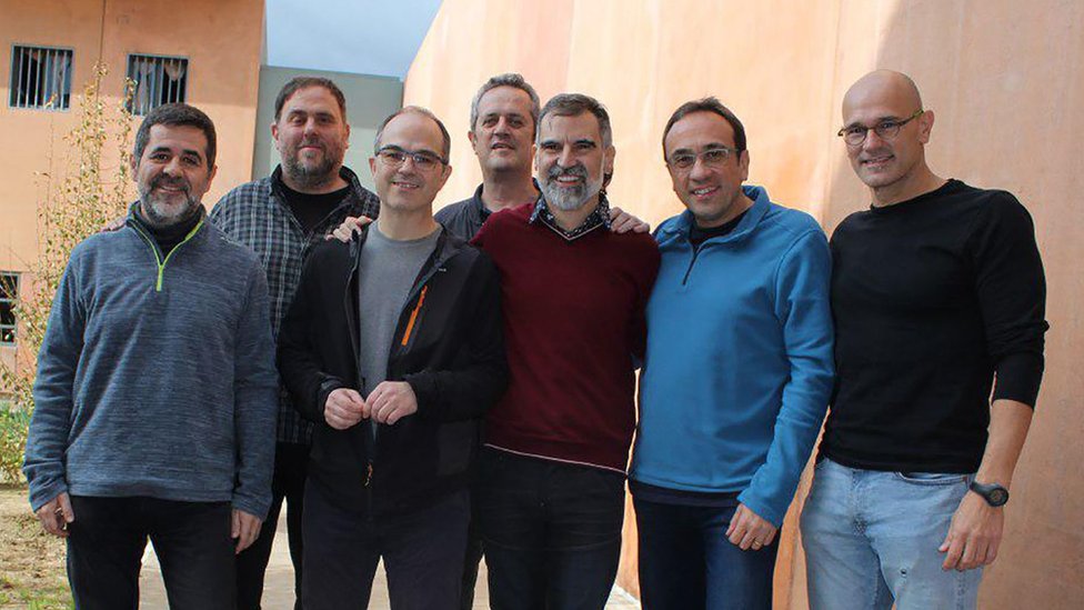 Entre los políticos y líderes independentistas enjuiciados están (de izq. a derecha) Jordi Sánchez, Oriol Junqueras, Jordi Turull, Joaquim Forn, Jordi Cuixart, Josep Rull y Raul Romeva.