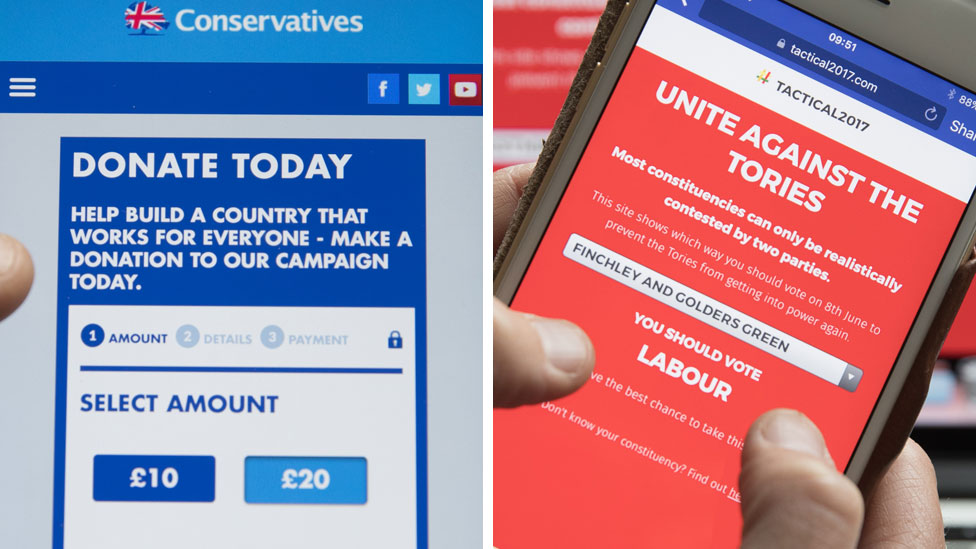 Составное изображение, показывающее рекламу консерваторов и призывающее к тактическому голосованию за лейбористов