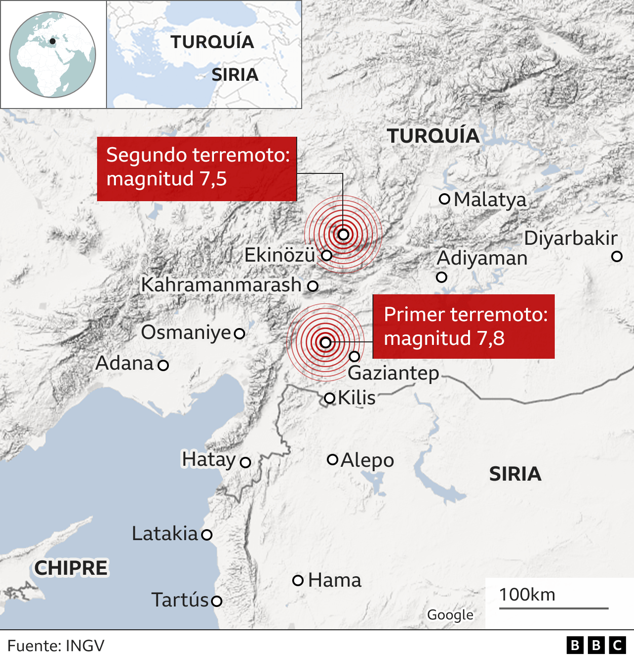 Mapa de la región en la que se han producido los terremotos.