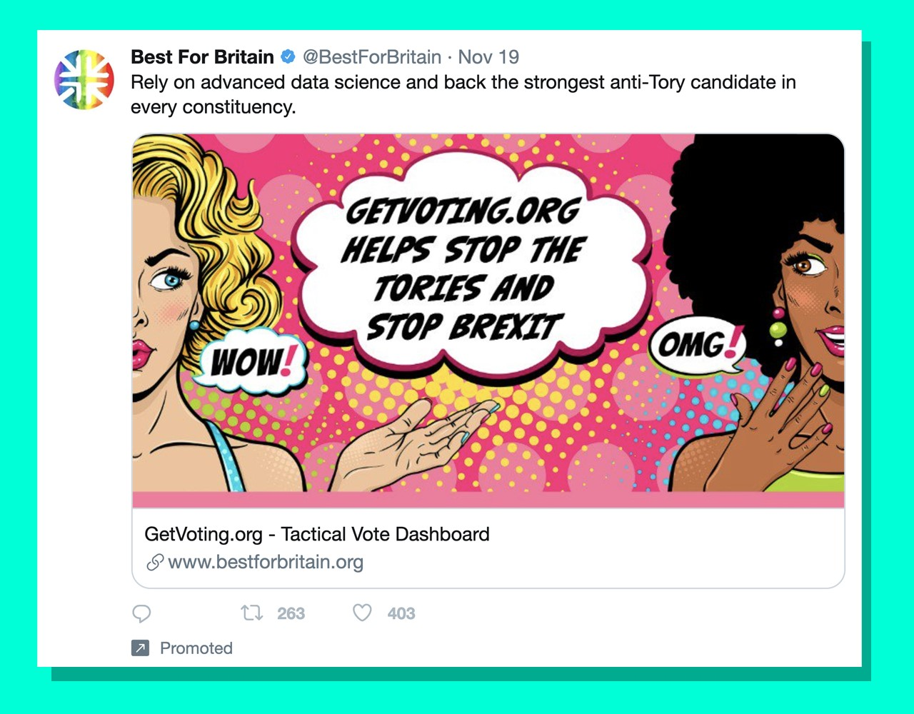 Рекламный ролик Best For Britain с изображением двух женщин из мультфильмов в стиле поп-арт. В тексте говорится: «Остановите тори и остановите Брексит».