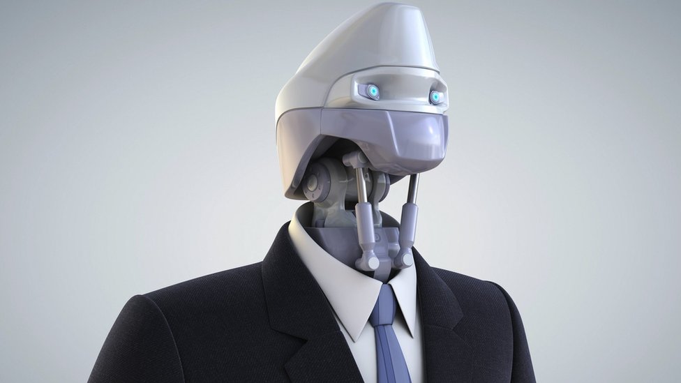 A robot wearing a suit