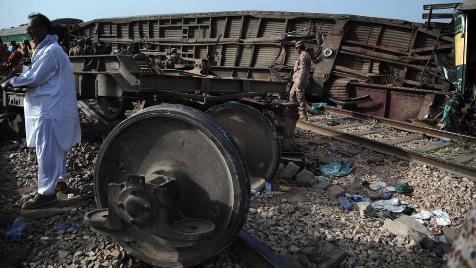 巴基斯坦信德省納瓦布沙阿客運火車出軌事故現場安全部門官員視察火車殘骸（6/8/2023）
