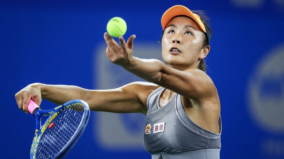 Shuai Peng of China severs during the match in 2019