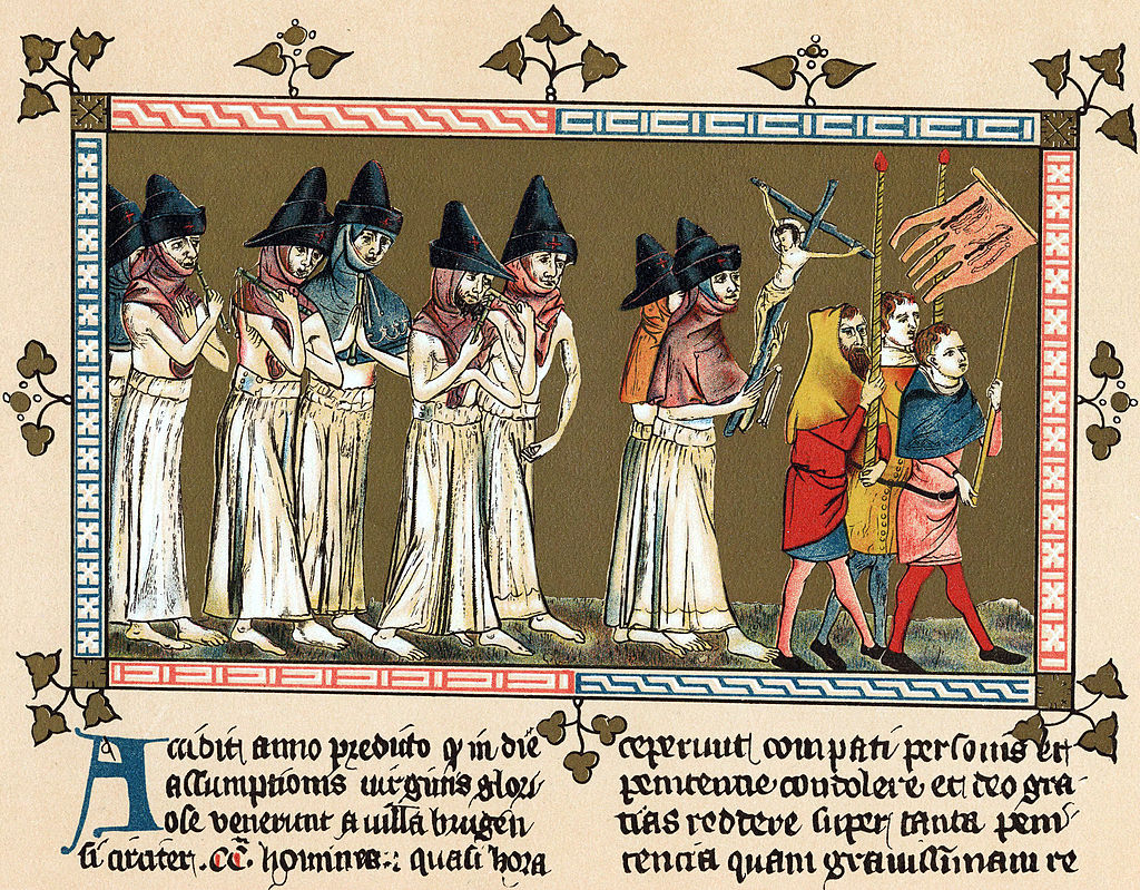 Ilustração antiga mostra procissão, com pessoas vestindo trajes escuros e carregando crucifixo