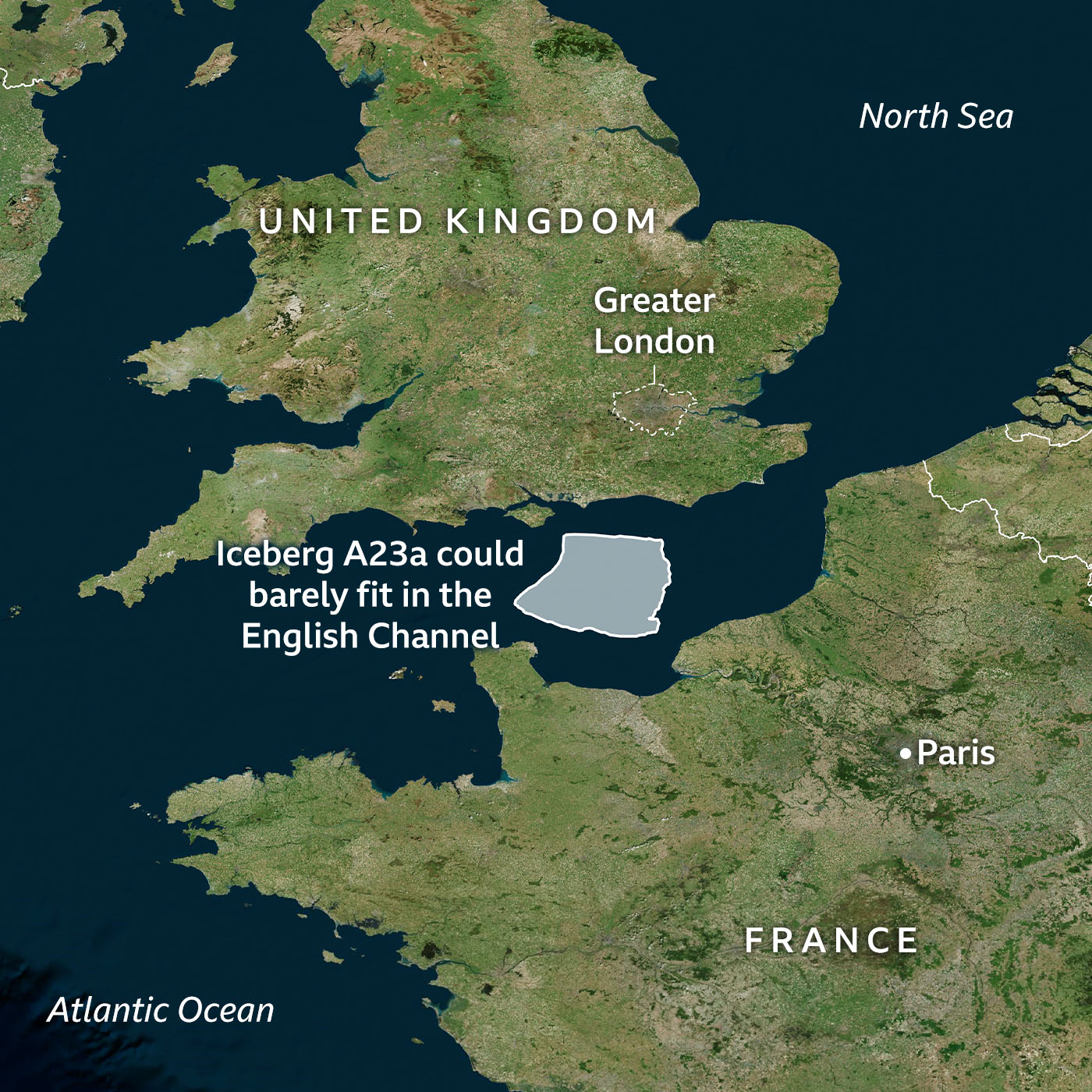 A graphic showing what it would look like if you dropped A23a into the England Channel