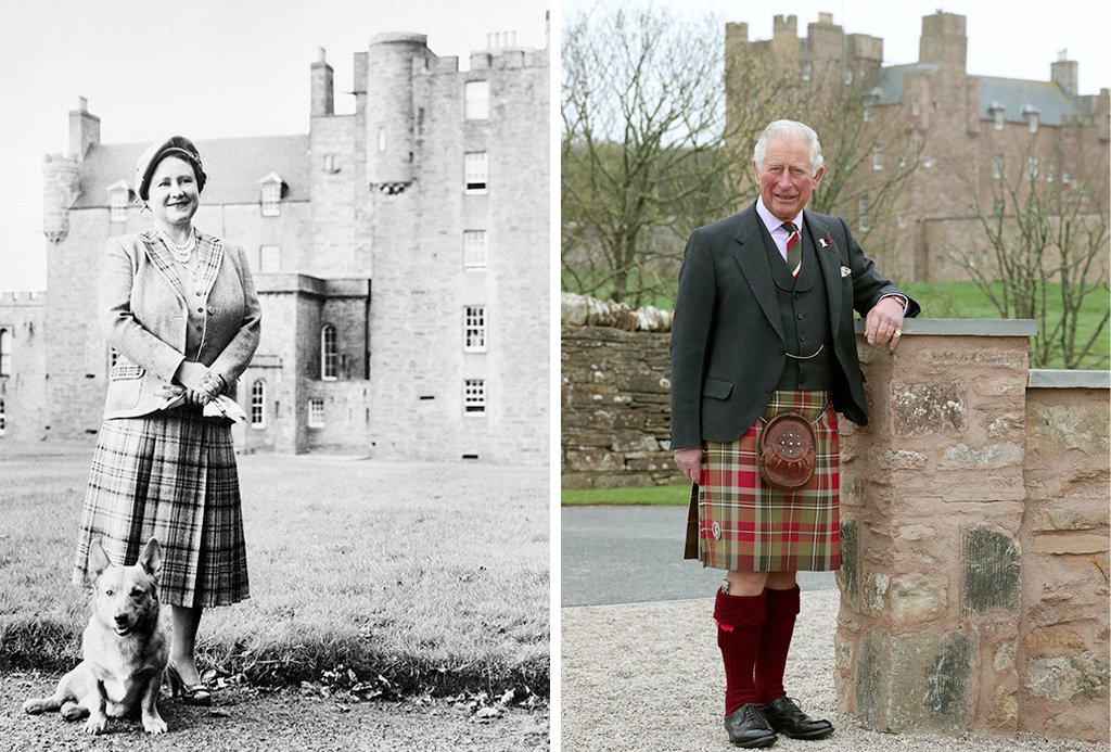 The Queen Mother pictured with her corgi Honey at the Castle of Mey in 1957 / Prince Charles visited the castle in 2019