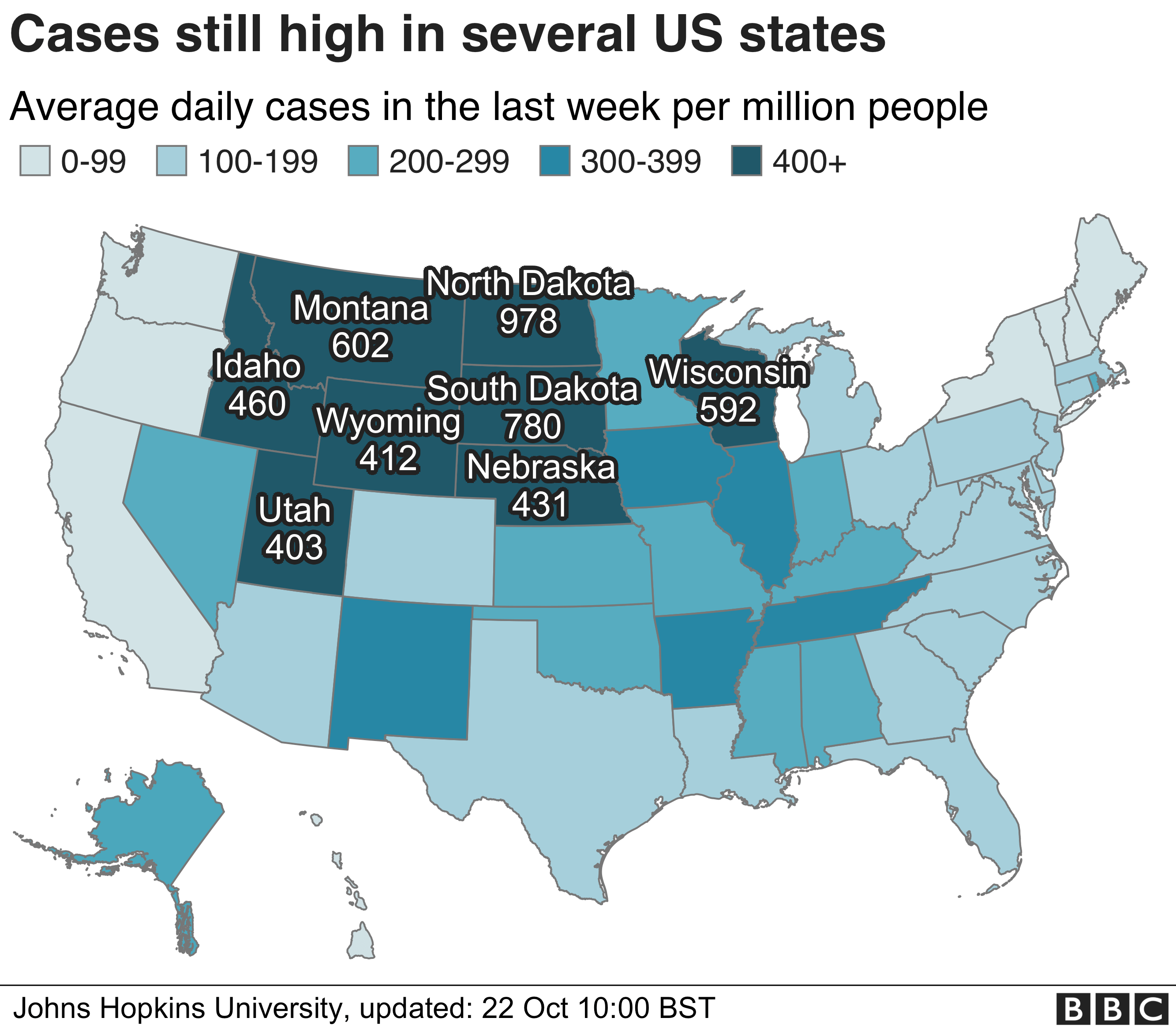 Map of the US showing the number of cases in US states