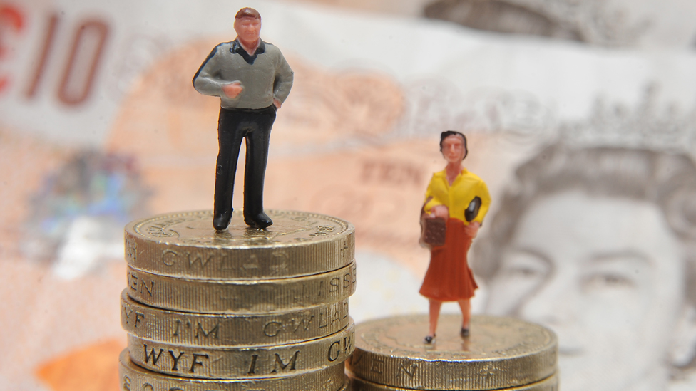 Modelos de plástico de un hombre y una mujer están parados sobre una pila de monedas y billetes.