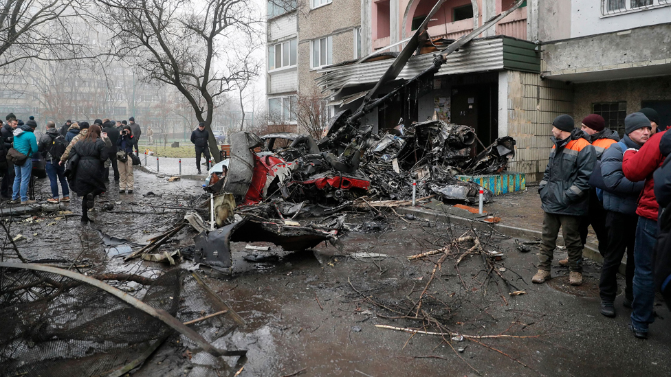 The scene of a helicopter crash in Brovary, near Kyiv, Ukraine, 18 January 2023
