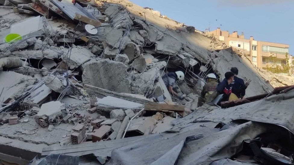 A building destroyed after the earthquake shook the Aegean coast of Turkey.