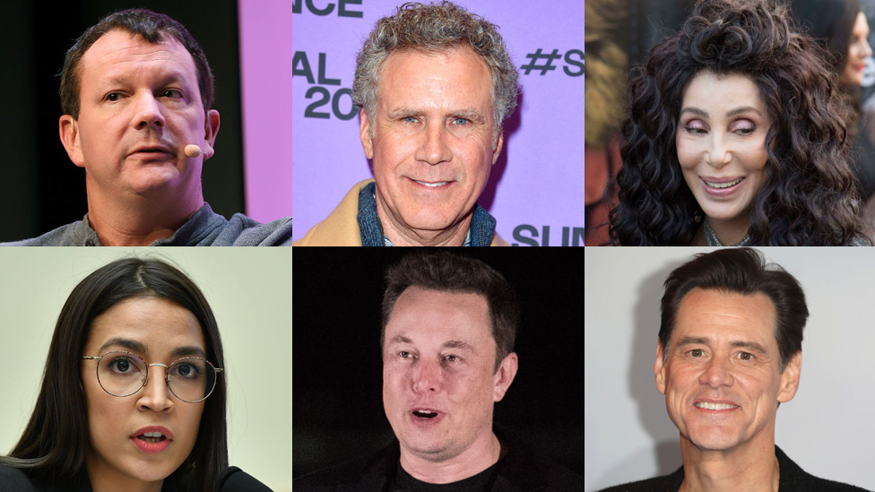 De arriba a la izquierda en dirección de las manecillas del reloj: Brian Acton, Will Ferrell, Cher, Jim Carey, Elon Musk, Alexandria Ocasio-Cortez