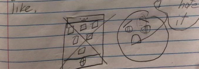 A child drew a mobile phone and a sad face when asked which a teacher asked her class which inventions they wished had never been invented