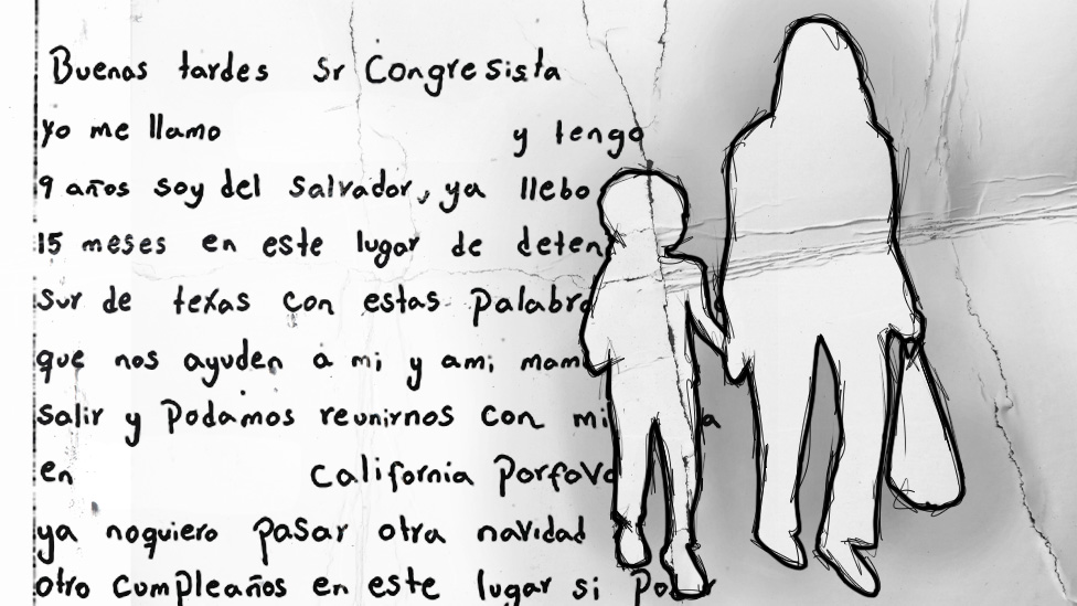 An illustration shows a letter written by Luisa next to a drawing of a woman holding a girl's hand.