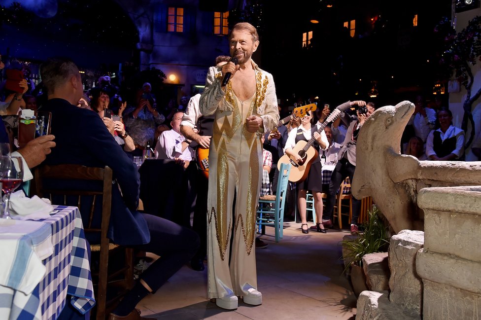 Bjorn Ulvaeus makes a cameo in his original Abba costume from 1977 at the opening night of MAMMA MIA! The Party at The O2 in London on 19 September 2019.