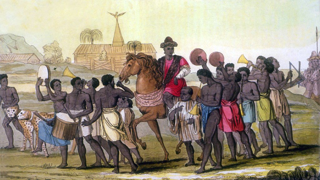 Un oba o soberano del reino de Benín a caballo en una ilustración de principios del siglo XIX.