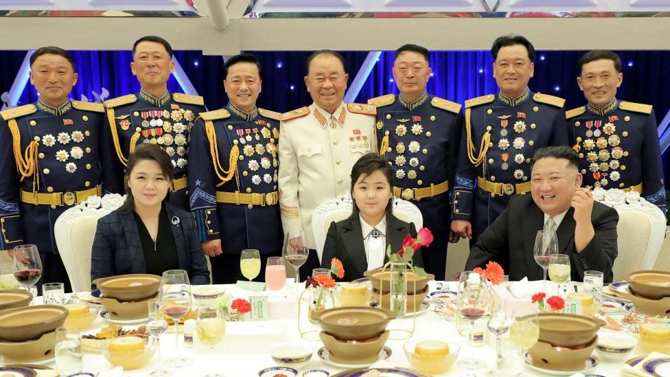 North Korean leader Kim Jong Un, his wife Ri Sol Ju and their daughter Kim Ju Ae attend a banquet to celebrate the 75th anniversary of the Korean People's Army the following day, in Pyongyang, North Korea February 7, 2023 in this photo released February 8, 2023 by North Korea's Korean Central News Agency (KCNA).