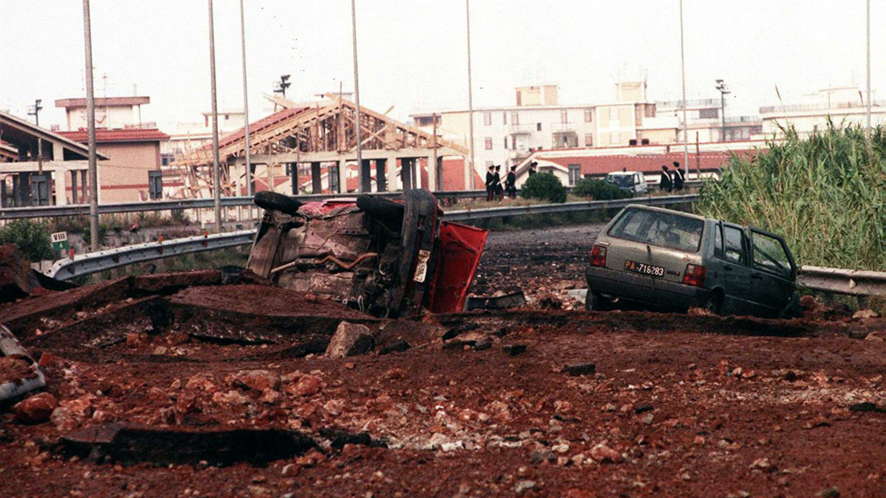 Picture dated 23 May 1992, showing the site where Italian anti-Mafia judge Giovanni Falcone, his wife Francesca Morvillo and three bodyguards were killed in a bomb explosion on Palermo's motorway near Capaci, Sicily, Italy.