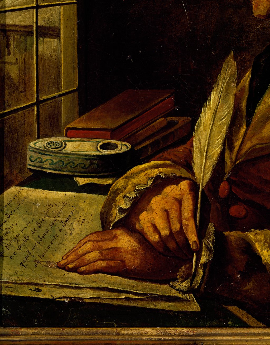 Detalle de pintura de Voltaire escribiendo una carta
