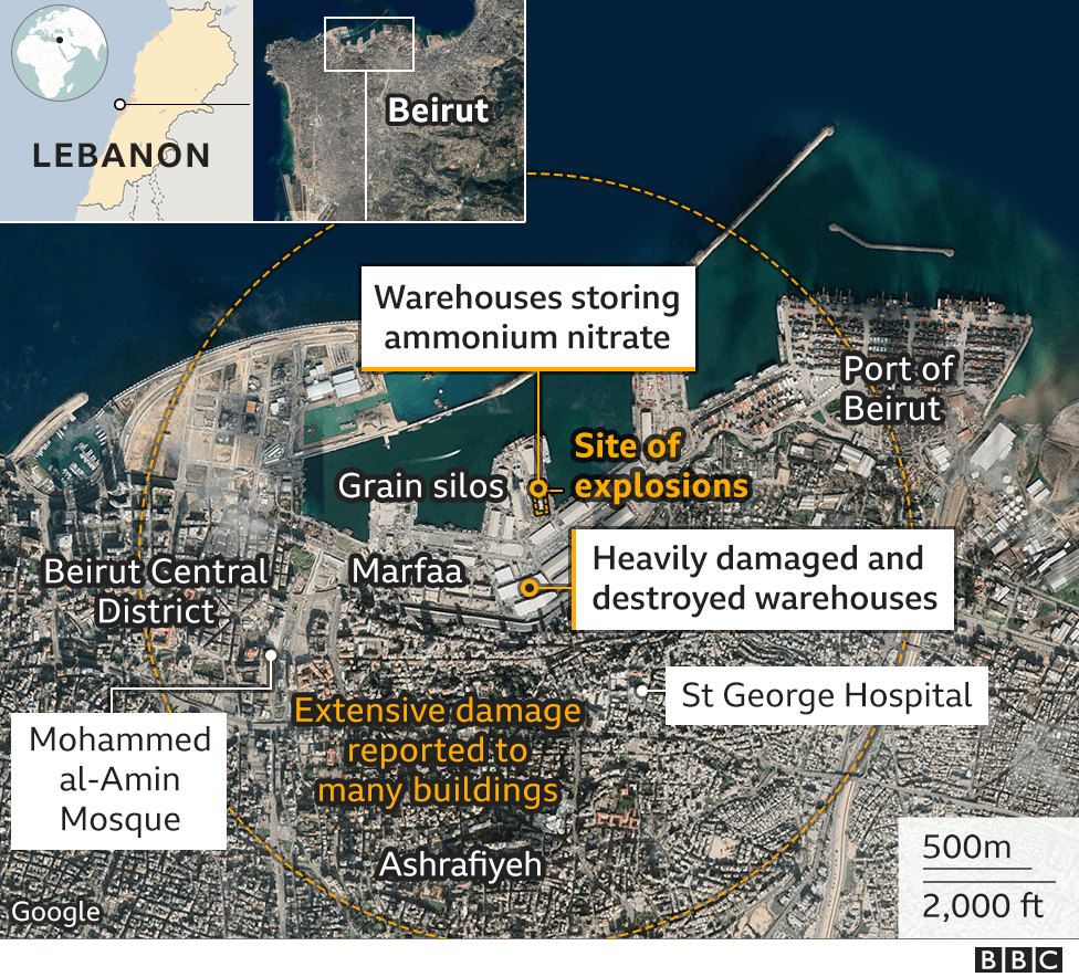 Карта, показывающая место взрыва 4 августа 2020 года в Бейруте
