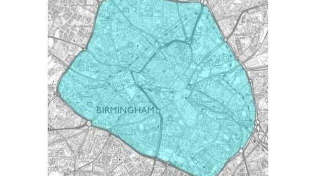 На карте показана предлагаемая зона чистого воздуха в Бирмингеме