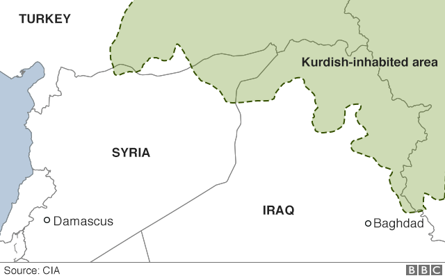 Карта с изображением курдских населенных пунктов в Сирии, Ираке, Турции и Иране