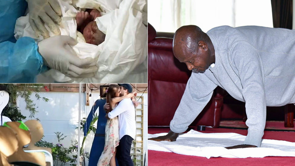 Вверху слева: ребенок, родившийся в изоляторе от коронавируса в Камеруне. Внизу слева: пара из Южной Африки «поженилась» перед гостями, вырезанными из картона.Справа: президент Уганды Йовери Мусевени делает отжимание