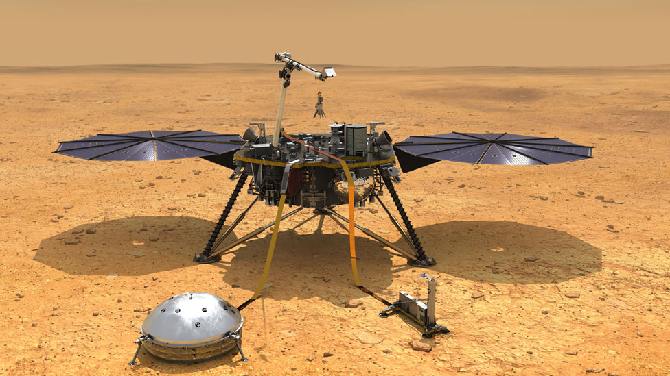 Illustration of the InSight probe in Martian soil