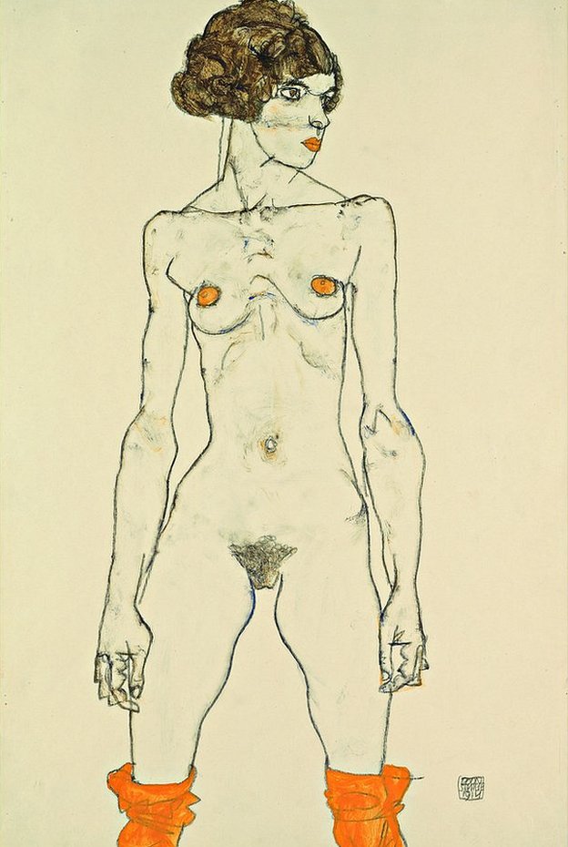 Ella, sin nada que la cubra. "Mujer desnuda con medias naranja", © WienTourismus-Wien Nord "Mujer desnuda con medias naranja"