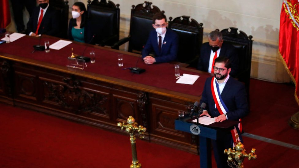 El presidente chileno, Gabriel Boric, durante la presentación del proyecto constitucional