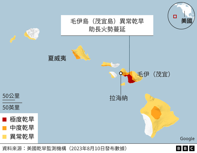 地圖：夏威夷乾旱情況