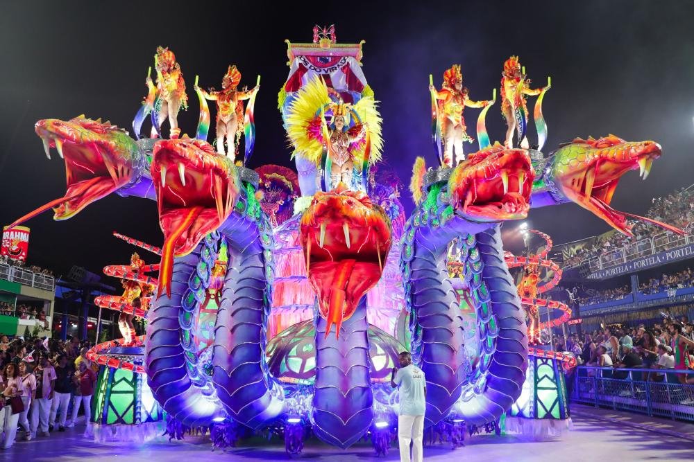 Members of the Unidos do Viradouro samba school parade during the second day of the Rio de Janeiro carnival at the Sambadrome in Rio de Janeiro, Brazil, 13 February 2024.