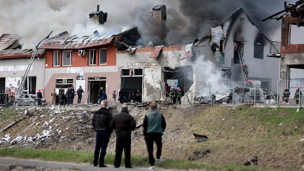 Civilian buildings hit by Russian missiles in Lviv.