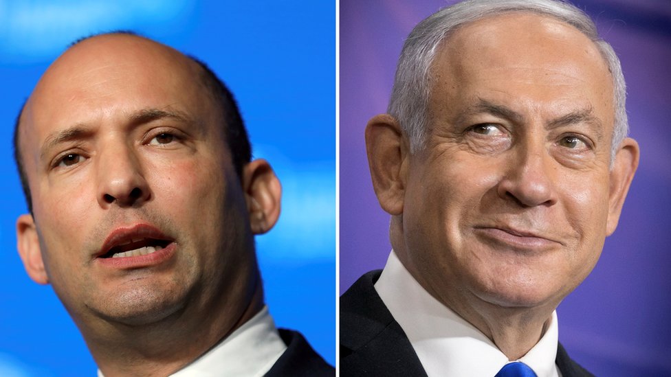 Israeli Prime Minister Benjamin Netanyahu (L) at a news conference and Naftali Bennett