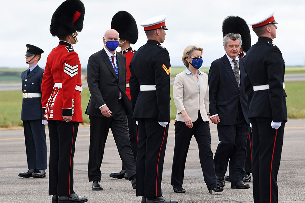 European Commission president Ursula von der Leyen wears a face covering as she arrives in Cornwall for the G7 summit