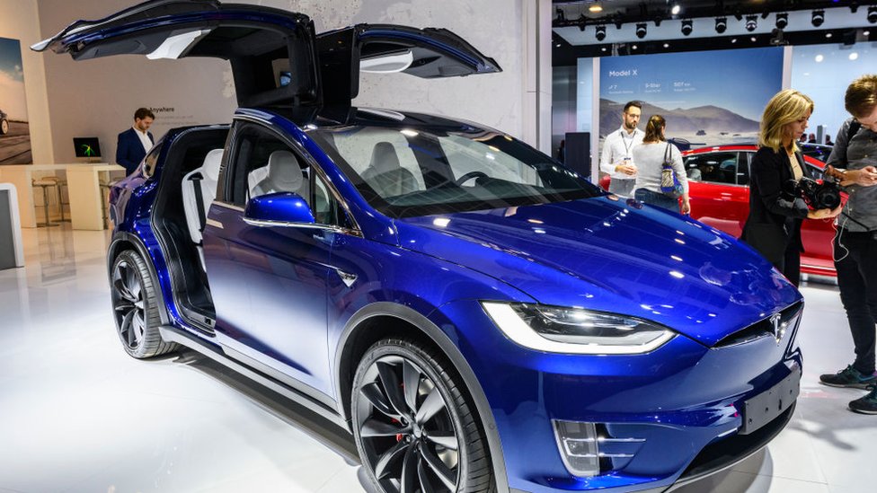 Tesla Model X 90D full electric luxury crossover SUV car on display at Brussels Expo on January 9, 2020 in Brussels