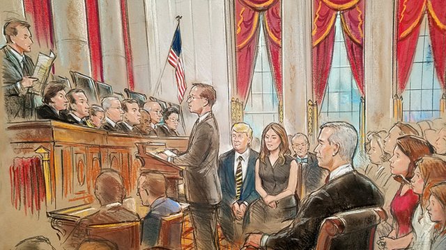 Набросок Билла Хеннесси о привлечении Нила Горсача к суду - на заднем плане Дональд Трамп и Мелания Трамп