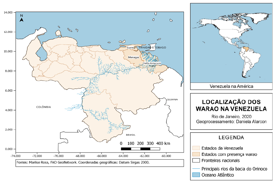 Mapas mostram a localização da Venezuela nas Américas e os Estados venezuelanos de Delta Amacuro, Monagas e Sucre