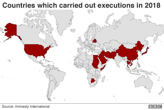 Карта с указанием стран, казненных в 2018 году