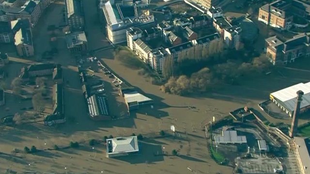 Aerial views of flooded parts of York