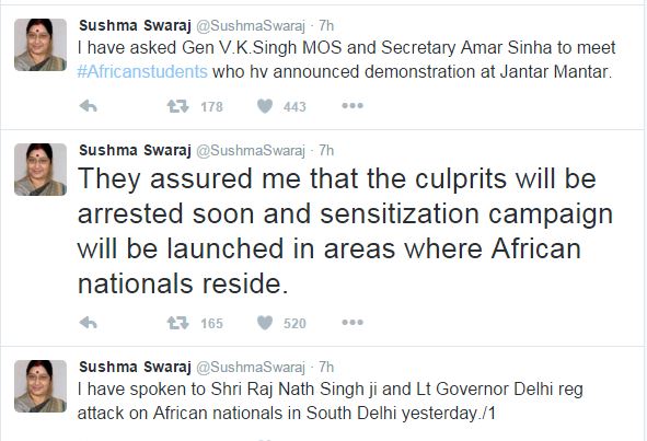 Твиты министра иностранных дел Индии Сушмы Сварадж об обещаниях полиции арестовать и планах встречи с африканскими студентами, планирующими демонстрацию (29 мая)