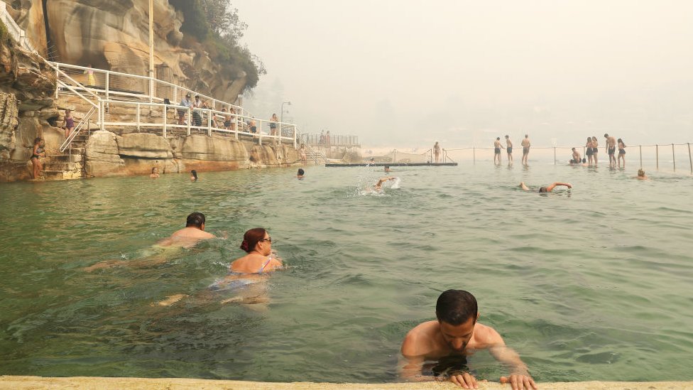 Пловцы в бассейне на берегу Сиднея среди дыма во вторник утром