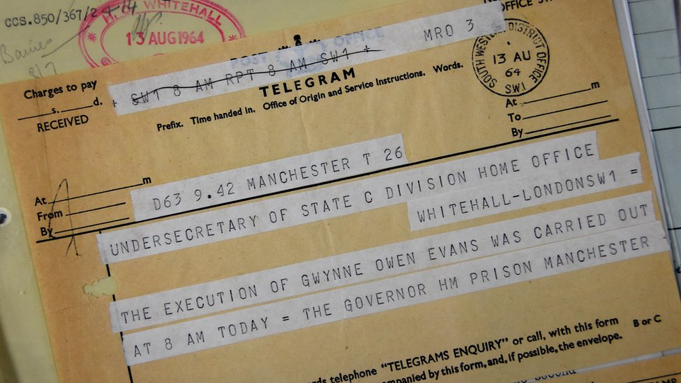 Evans fue ahorcado el 13 de agosto de 1964. (Foto: Archivos Nacionales de Reino Unido) Telegrama que confirma la pena capital impuesta a Evans (Foto: Archivos Nacionales de Reino Unido)